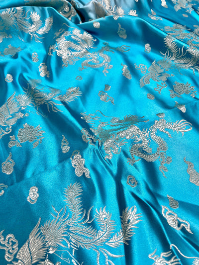 Arisa TURQUOISE Dragon Brocade Chinese Satin Fabric for Cheongsam/Qipao, Apparel, Costumes, Upholstery, Bags, Crafts - 10237