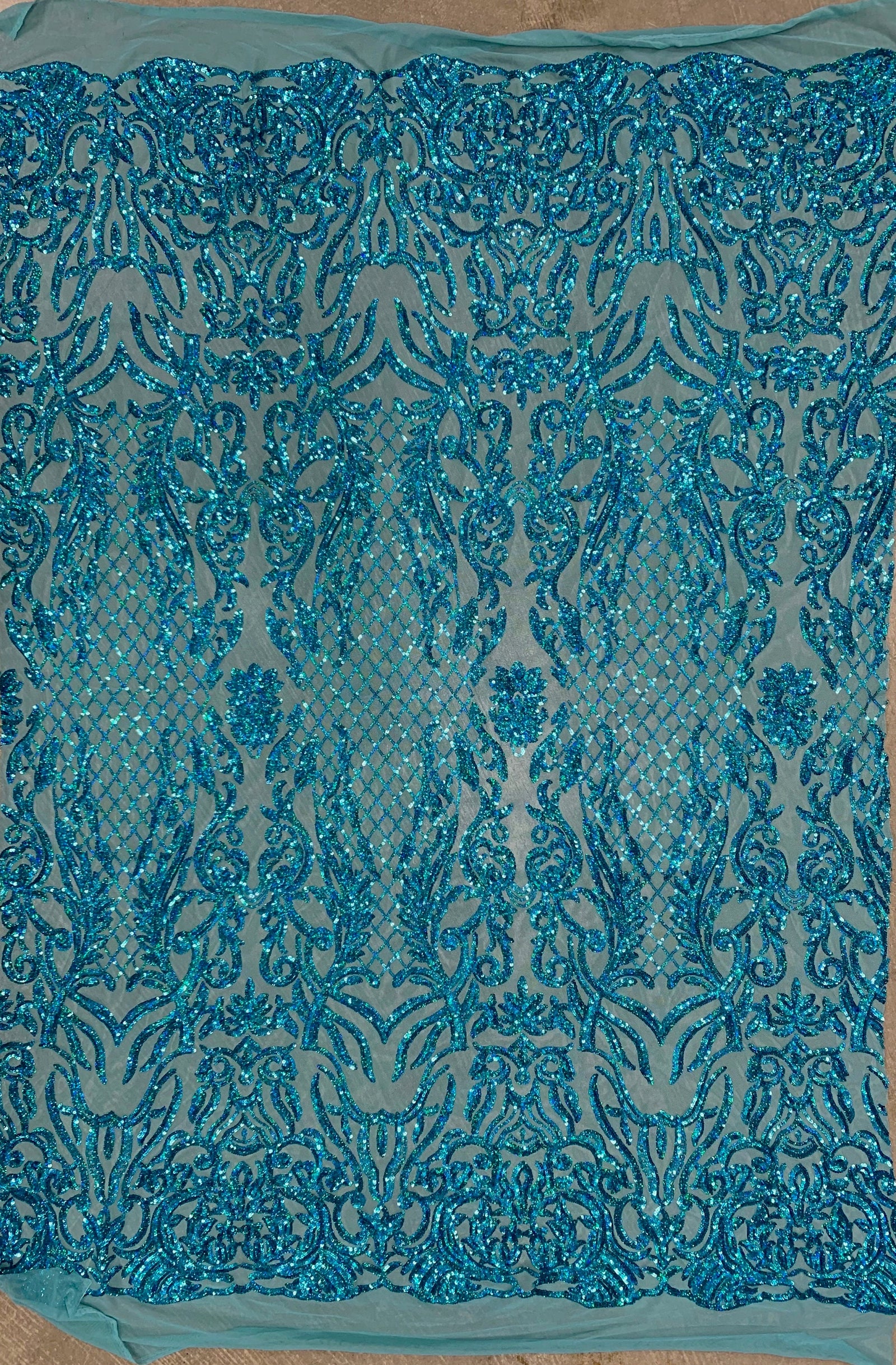 Phoebe IRIDESCENT TURQUOISE Sequins on Mesh Lace Fabric by the Yard - 10062