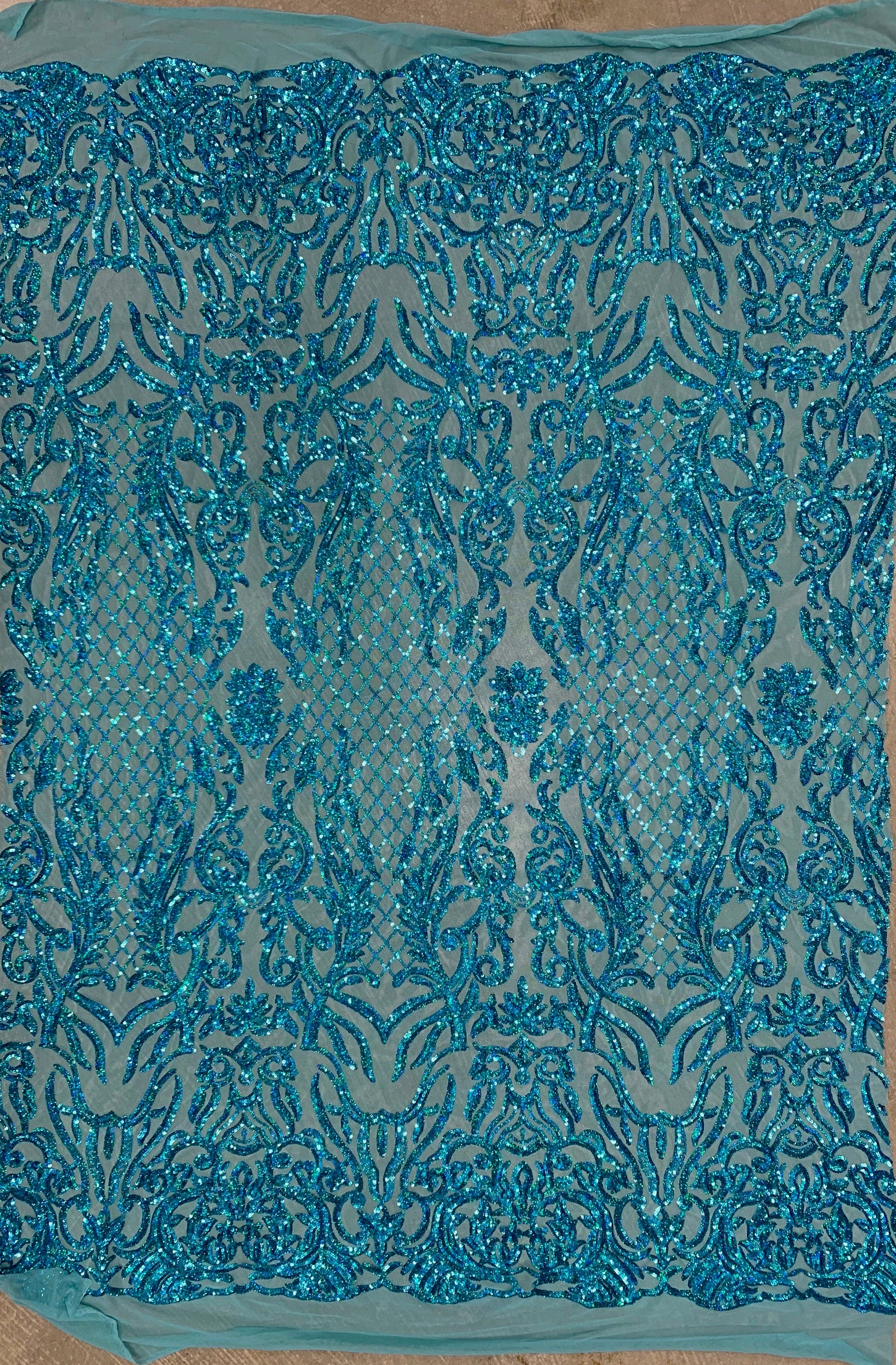 Phoebe IRIDESCENT TURQUOISE Sequins on Mesh Lace Fabric by the Yard - 10062