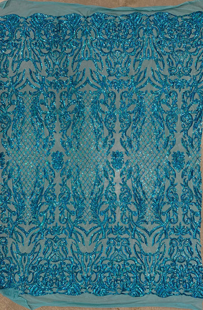 Phoebe IRIDESCENT TURQUOISE Sequins on Mesh Lace Fabric by the Yard - 10062
