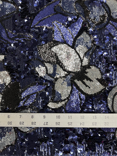 Natasha NAVY/SILVER Full Overlapping Sequins on Stretch Mesh Lace Fabric by the Yard