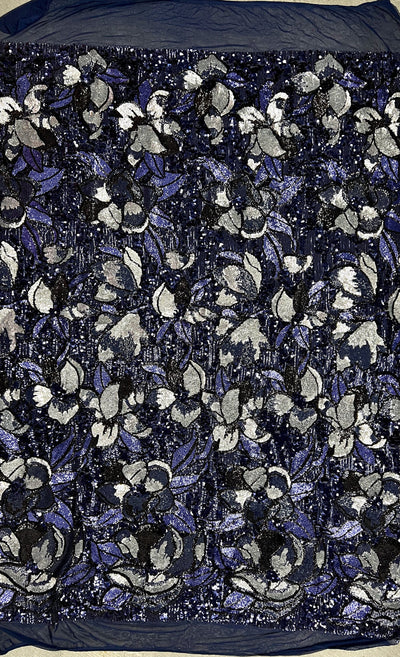 Natasha NAVY/SILVER Full Overlapping Sequins on Stretch Mesh Lace Fabric by the Yard