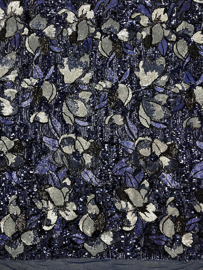 Natasha NAVY/SILVER Full Overlapping Sequins on Stretch Mesh Lace Fabric by the Yard