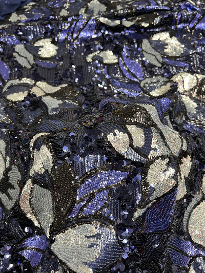 Natasha NAVY/SILVER Full Overlapping Sequins on Stretch Mesh Lace Fabric by the Yard