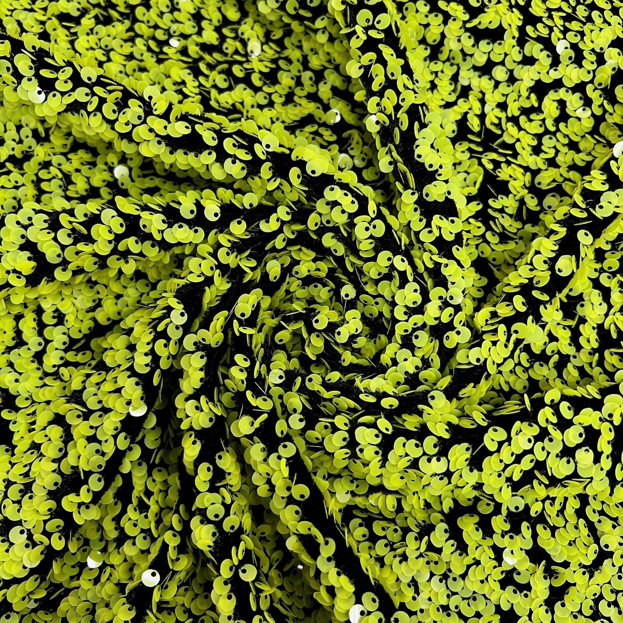 Stephanie APPLE GREEN Overlap Sequins on BLACK Stretch Velvet Fabric by the Yard for Gowns, Apparel, Costumes, Crafts - 10185