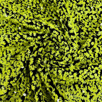Stephanie APPLE GREEN Overlap Sequins on BLACK Stretch Velvet Fabric by the Yard for Gowns, Apparel, Costumes, Crafts - 10185