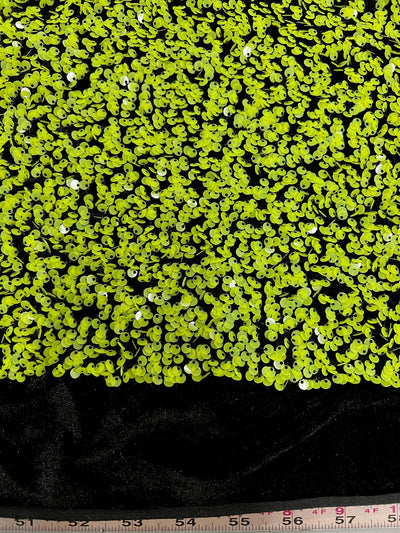 Stephanie APPLE GREEN Overlap Sequins on BLACK Stretch Velvet Fabric by the Yard for Gowns, Apparel, Costumes, Crafts - 10185