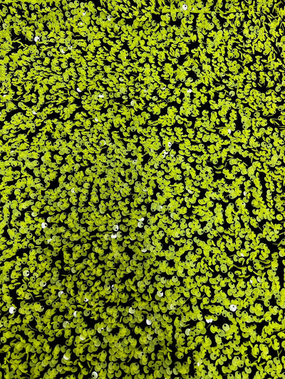 Stephanie APPLE GREEN Overlap Sequins on BLACK Stretch Velvet Fabric by the Yard for Gowns, Apparel, Costumes, Crafts - 10185