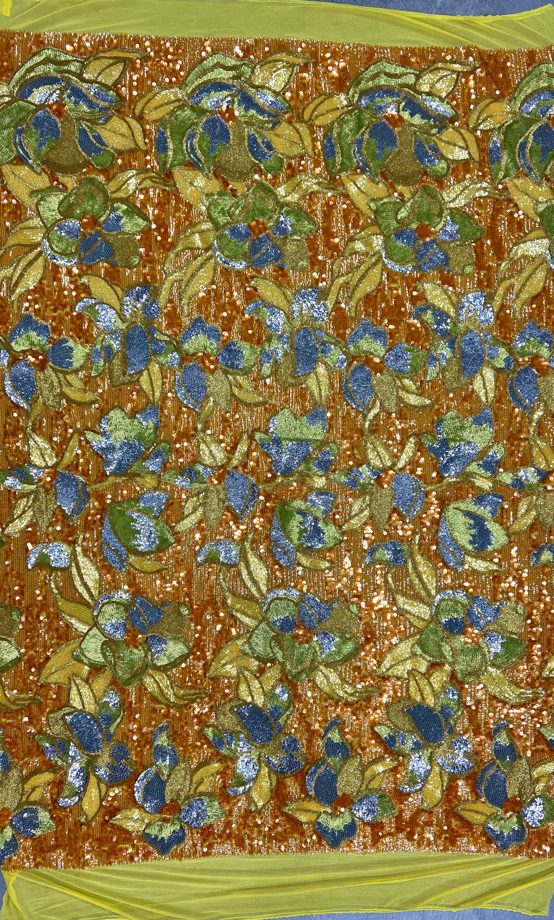 Natasha GOLD/ORANGE Full Overlapping Sequins on Stretch Mesh Lace Fabric by the Yard