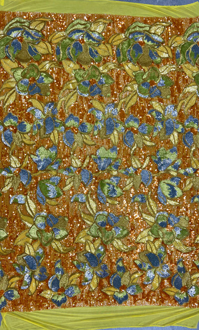 Natasha GOLD/ORANGE Full Overlapping Sequins on Stretch Mesh Lace Fabric by the Yard