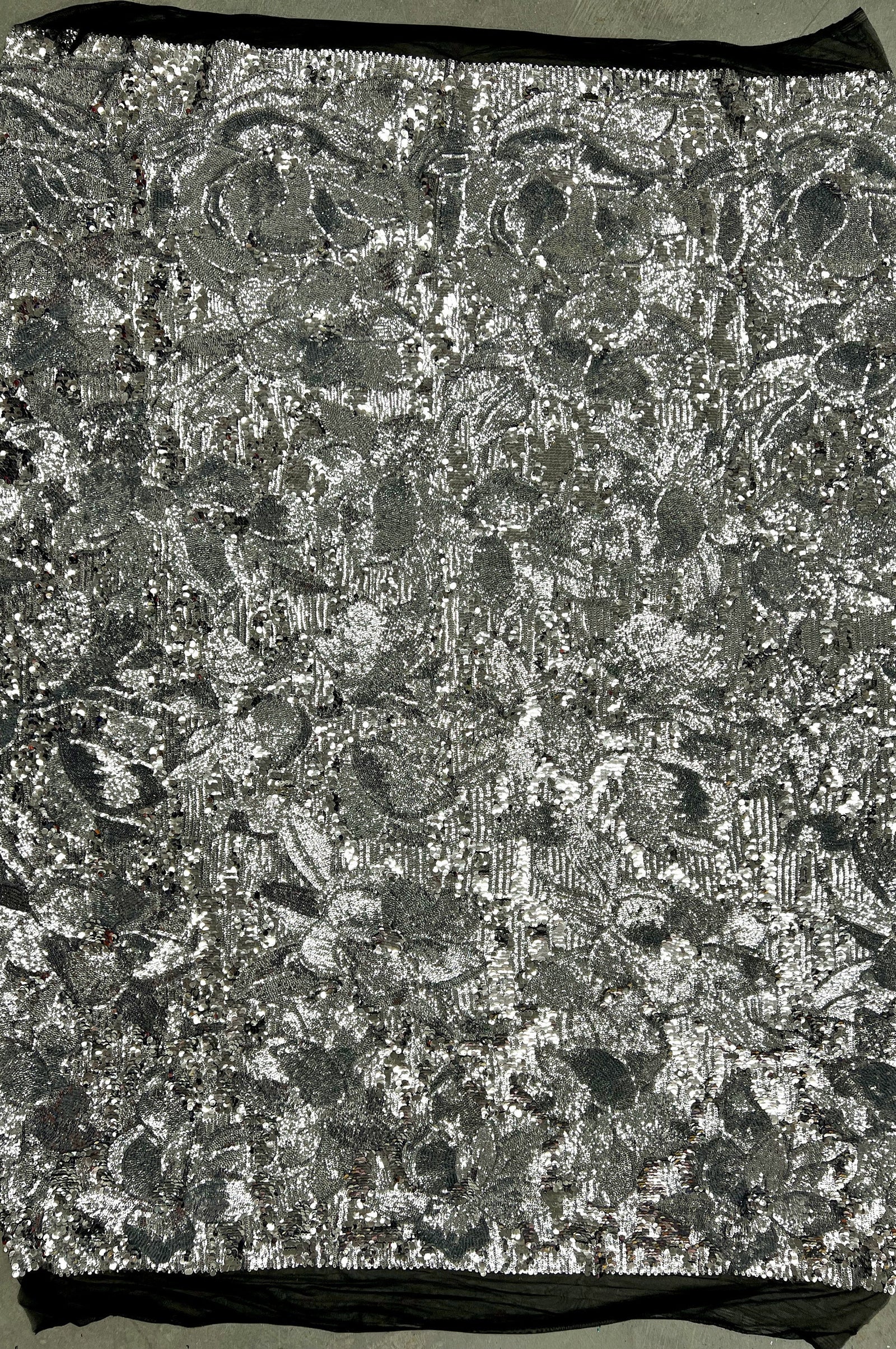 Natasha SILVER Full Overlapping Sequins on BLACK Stretch Mesh Lace Fabric by the Yard