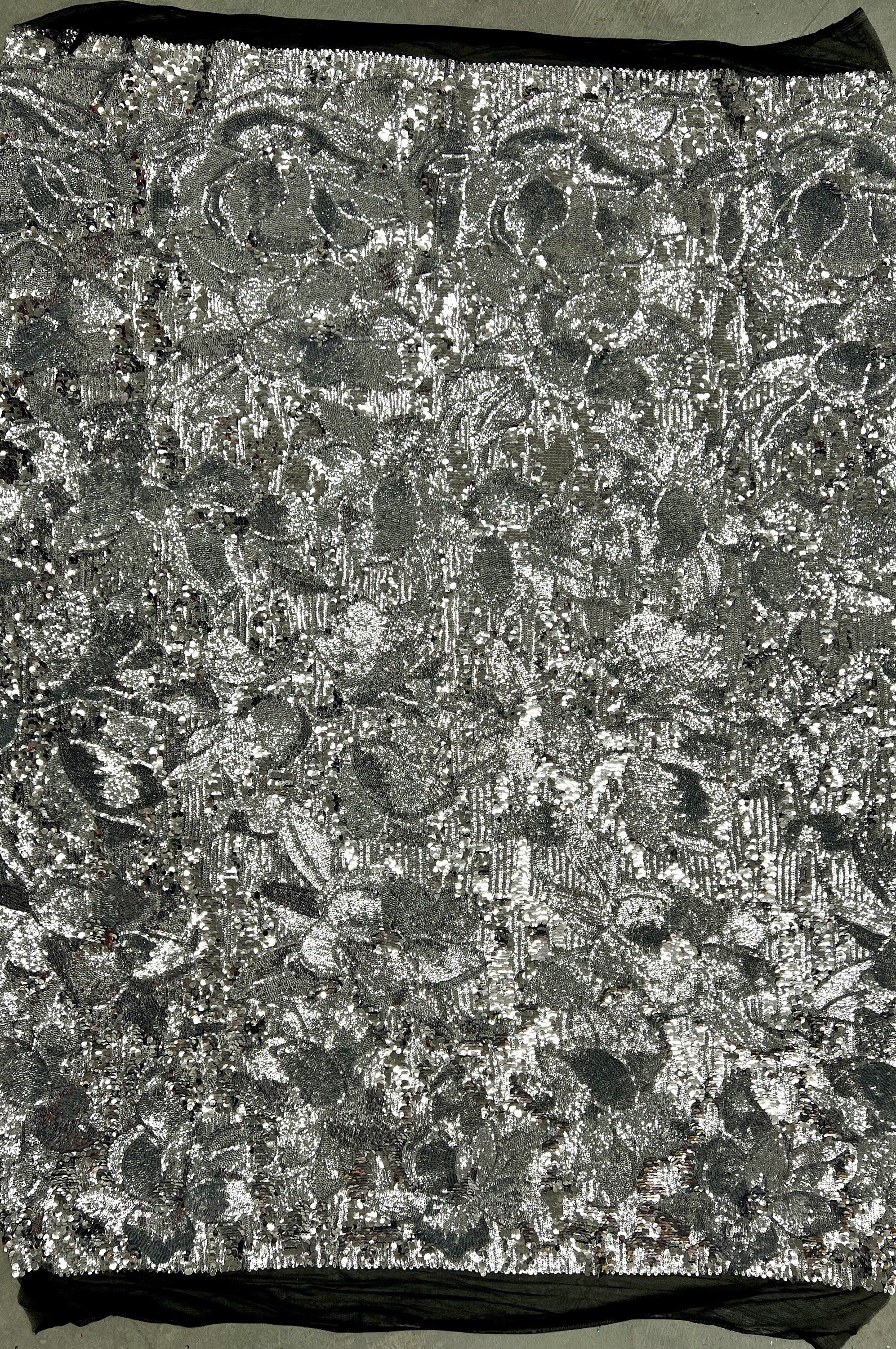 Natasha SILVER Full Overlapping Sequins on BLACK Stretch Mesh Lace Fabric by the Yard