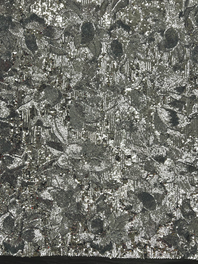 Natasha SILVER Full Overlapping Sequins on BLACK Stretch Mesh Lace Fabric by the Yard