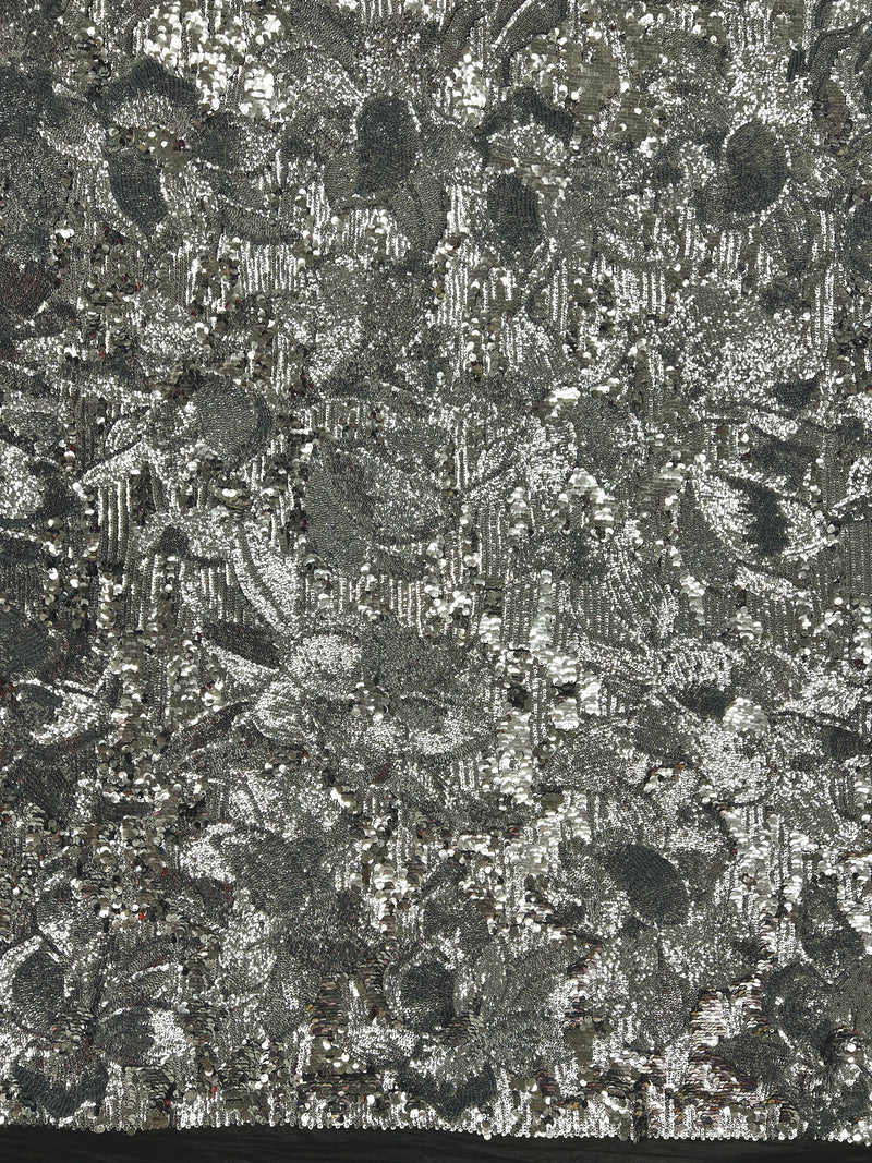 Natasha SILVER Full Overlapping Sequins on BLACK Stretch Mesh Lace Fabric by the Yard