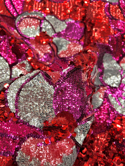 Natasha RED FUCHSIA SILVER Coral Full Overlapping Sequins on Red Stretch Mesh Lace Fabric by the Yard