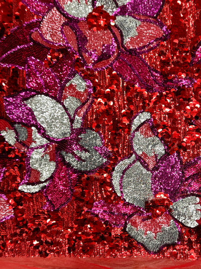 Natasha RED FUCHSIA SILVER Coral Full Overlapping Sequins on Red Stretch Mesh Lace Fabric by the Yard
