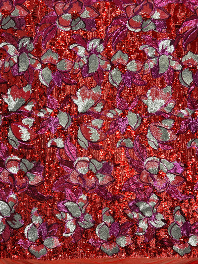 Natasha RED FUCHSIA SILVER Coral Full Overlapping Sequins on Red Stretch Mesh Lace Fabric by the Yard