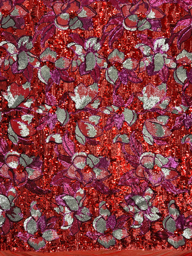Natasha RED FUCHSIA SILVER Coral Full Overlapping Sequins on Red Stretch Mesh Lace Fabric by the Yard