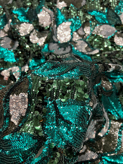 Natasha HUNTER TEAL SILVER Full Overlapping Sequins on Hunter Green Stretch Mesh Lace Fabric by the Yard