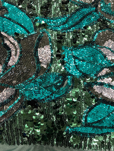 Natasha HUNTER TEAL SILVER Full Overlapping Sequins on Hunter Green Stretch Mesh Lace Fabric by the Yard