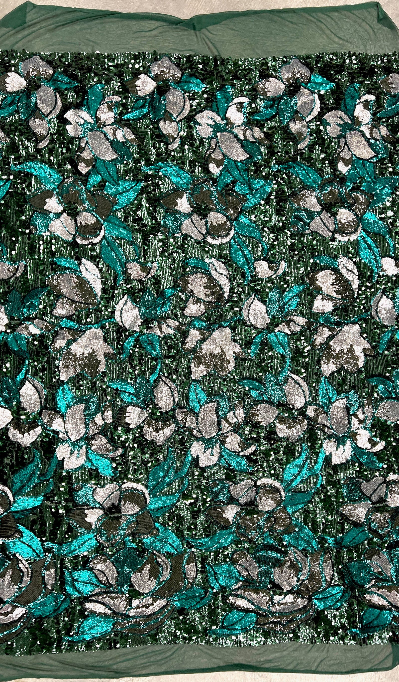 Natasha HUNTER TEAL SILVER Full Overlapping Sequins on Hunter Green Stretch Mesh Lace Fabric by the Yard