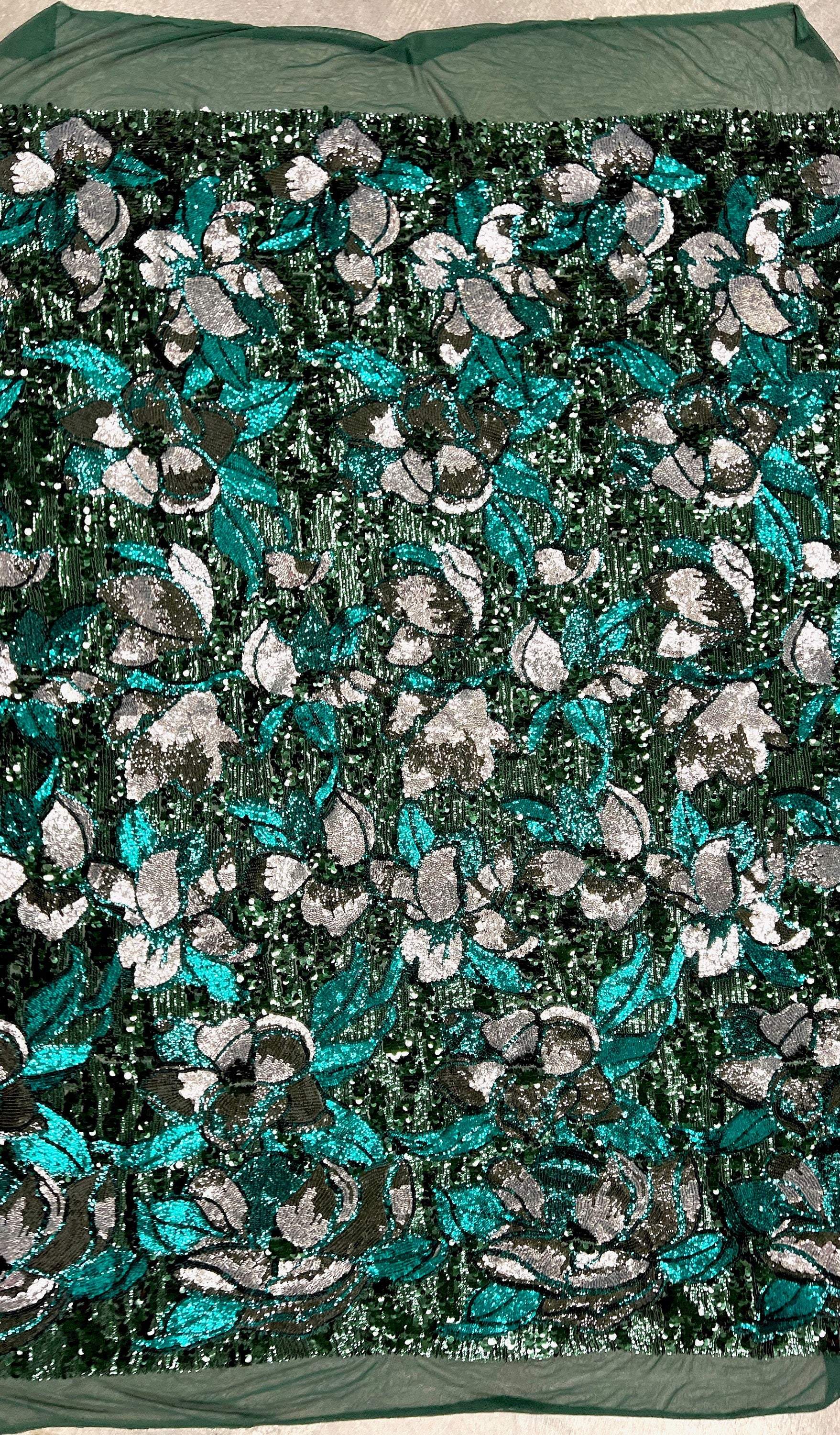Natasha HUNTER TEAL SILVER Full Overlapping Sequins on Hunter Green Stretch Mesh Lace Fabric by the Yard