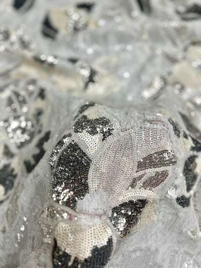 Natasha WHITE IVORY SILVER Full Overlapping Sequins on White Stretch Mesh Lace Fabric by the Yard