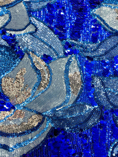 Natasha ROYAL TURQUOISE SILVER Full Overlapping Sequins on Royal Blue Stretch Mesh Lace Fabric by the Yard