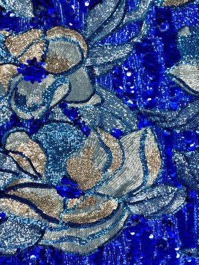 Natasha ROYAL TURQUOISE SILVER Full Overlapping Sequins on Royal Blue Stretch Mesh Lace Fabric by the Yard