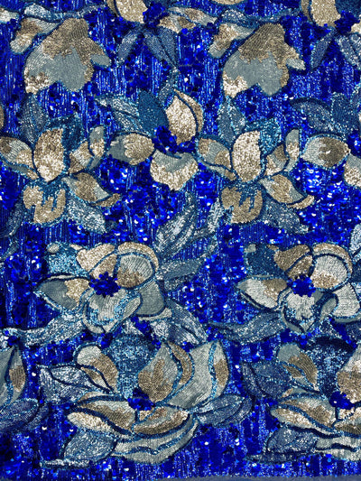 Natasha ROYAL TURQUOISE SILVER Full Overlapping Sequins on Royal Blue Stretch Mesh Lace Fabric by the Yard