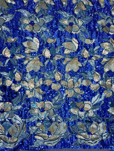 Natasha ROYAL TURQUOISE SILVER Full Overlapping Sequins on Royal Blue Stretch Mesh Lace Fabric by the Yard