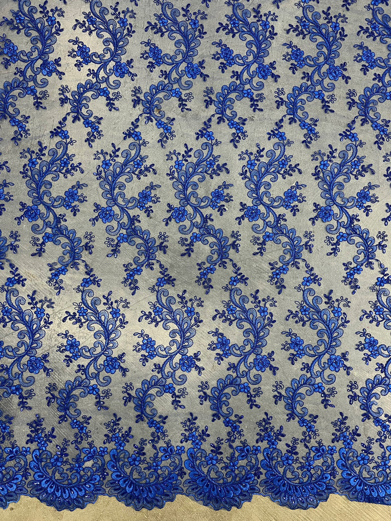 Melody ROYAL BLUE Polyester Floral Embroidery with Sequins on Mesh Lace Fabric by the Yard for Gown, Wedding, Bridesmaid, Prom - 10002