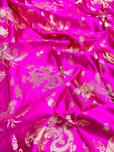 Arisa HOT PINK Dragon Brocade Chinese Satin Fabric for Cheongsam/Qipao, Apparel, Costumes, Upholstery, Bags, Crafts - 10237