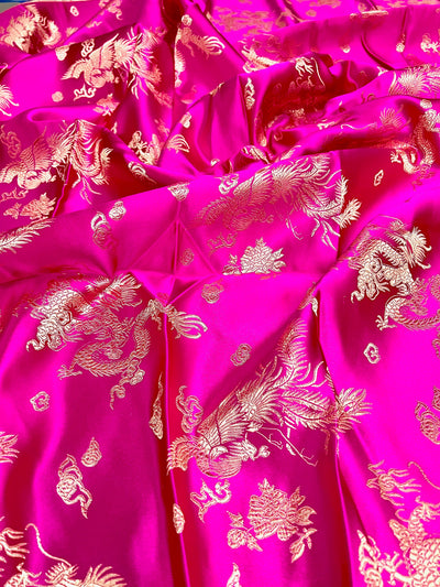 Arisa HOT PINK Dragon Brocade Chinese Satin Fabric for Cheongsam/Qipao, Apparel, Costumes, Upholstery, Bags, Crafts - 10237