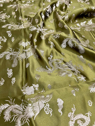 Arisa OLIVE Dragon Brocade Chinese Satin Fabric for Cheongsam/Qipao, Apparel, Costumes, Upholstery, Bags, Crafts - 10237