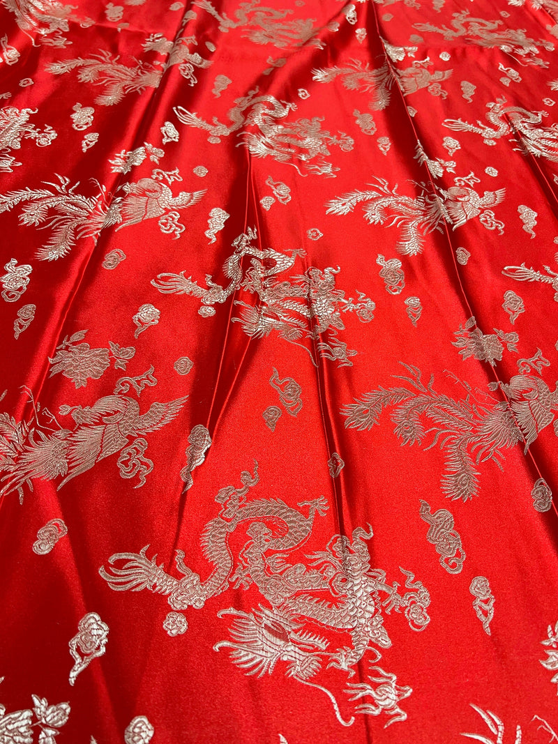 Arisa RED Dragon Brocade Chinese Satin Fabric for Cheongsam/Qipao, Apparel, Costumes, Upholstery, Bags, Crafts - 10237