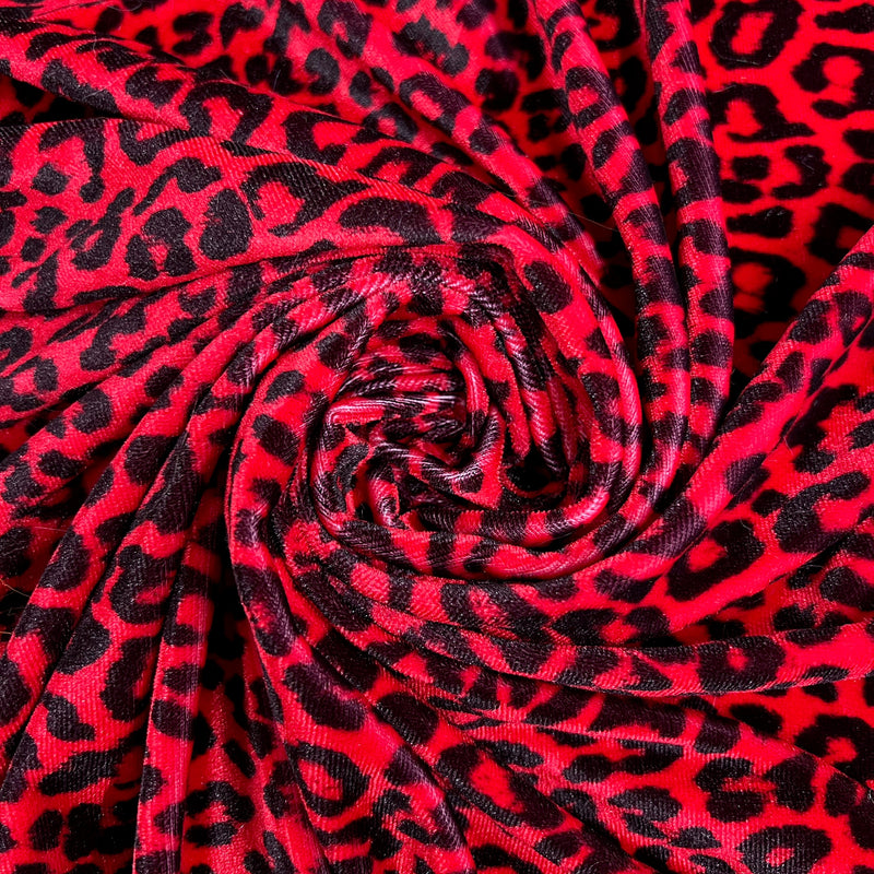 Dana RED BLACK Printed Leopard Pattern Polyester Spandex Stretch Velvet Fabric Bows, Top Knots, Scrunchies, Clothes, Costumes, Crafts
