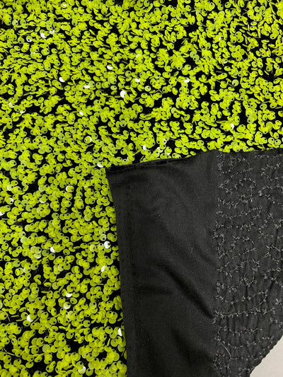 Stephanie APPLE GREEN Overlap Sequins on BLACK Stretch Velvet Fabric by the Yard for Gowns, Apparel, Costumes, Crafts - 10185
