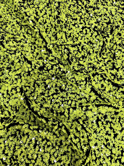 Stephanie APPLE GREEN Overlap Sequins on BLACK Stretch Velvet Fabric by the Yard for Gowns, Apparel, Costumes, Crafts - 10185