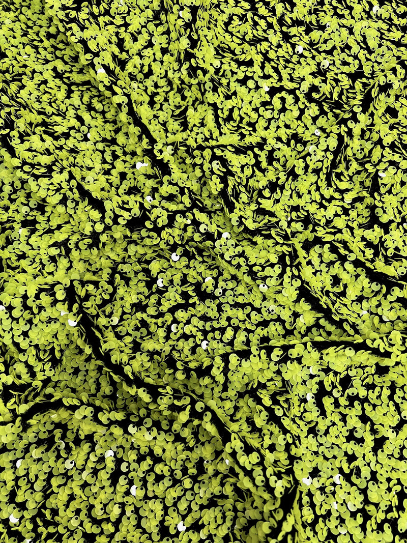 Stephanie APPLE GREEN Overlap Sequins on BLACK Stretch Velvet Fabric by the Yard for Gowns, Apparel, Costumes, Crafts - 10185
