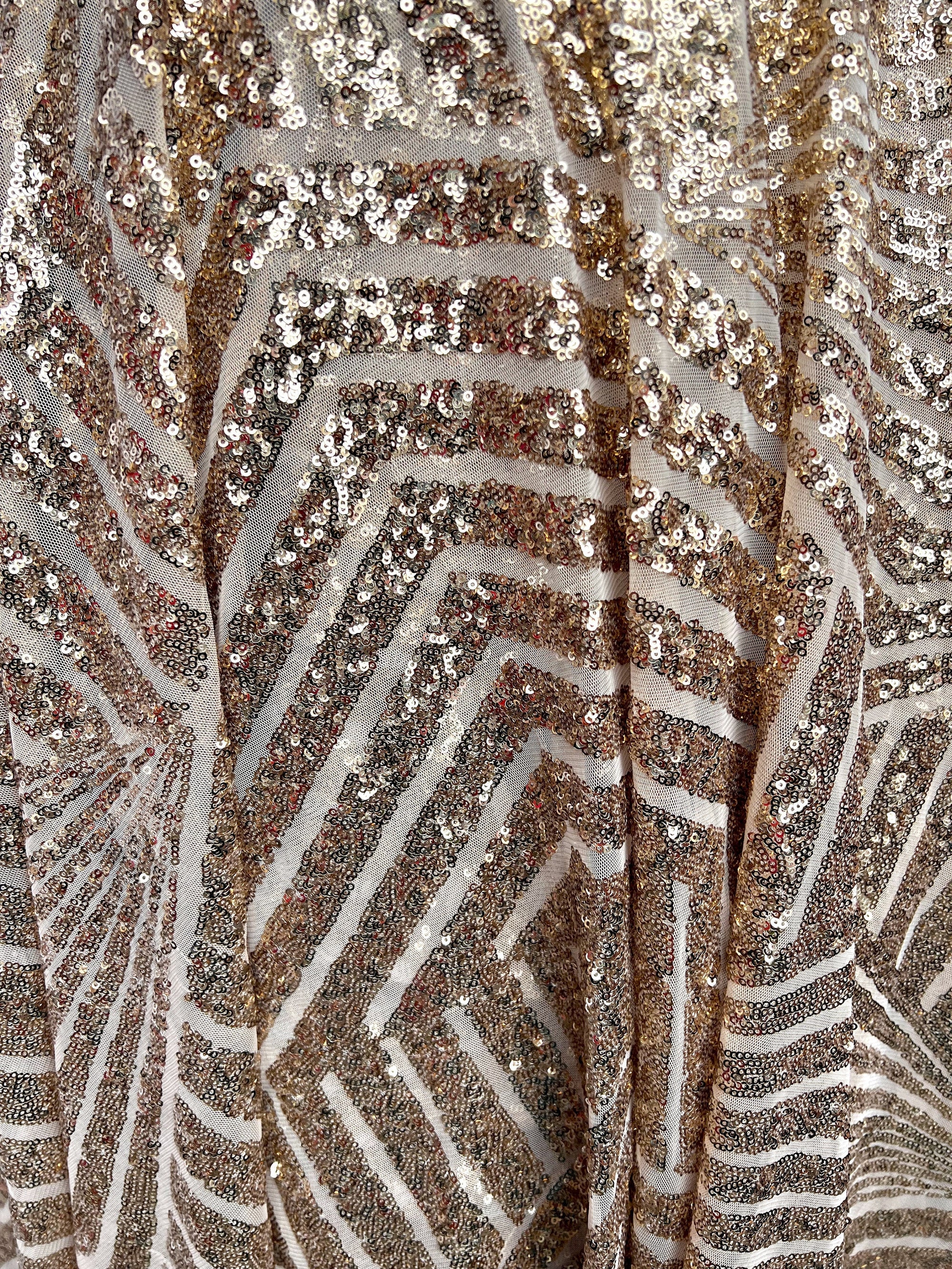 Thea CHAMPAGNE Geometric Sequins Diamond & Stripes on Mesh Lace Fabric by the Yard - 10026