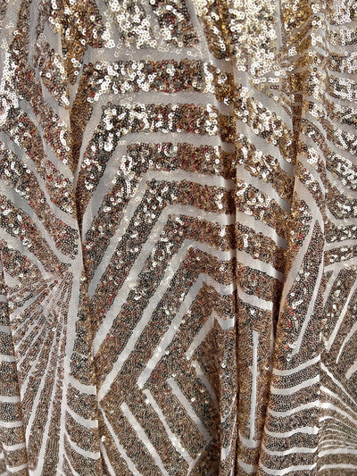 Thea CHAMPAGNE Geometric Sequins Diamond & Stripes on Mesh Lace Fabric by the Yard - 10026