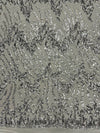 Miranda SILVER Vines and Leaves Sequins on WHITE Mesh Lace Fabric by the Yard - 10061