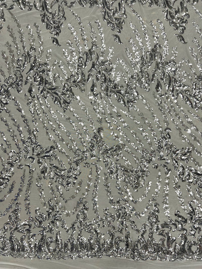 Miranda SILVER Vines and Leaves Sequins on WHITE Mesh Lace Fabric by the Yard - 10061