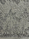 Miranda SILVER Vines and Leaves Sequins on WHITE Mesh Lace Fabric by the Yard - 10061
