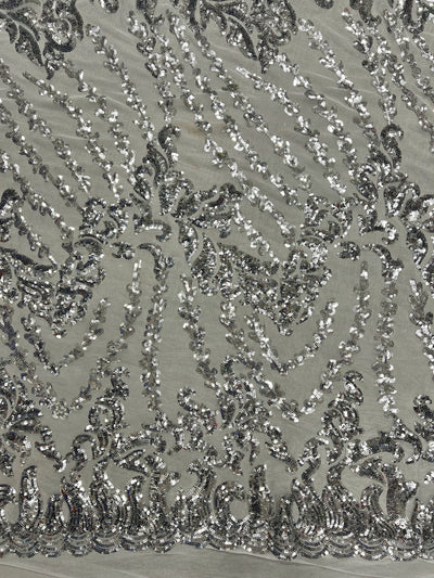 Miranda SILVER Vines and Leaves Sequins on WHITE Mesh Lace Fabric by the Yard - 10061