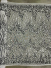 Miranda SILVER Vines and Leaves Sequins on WHITE Mesh Lace Fabric by the Yard - 10061