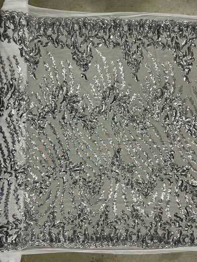 Miranda SILVER Vines and Leaves Sequins on WHITE Mesh Lace Fabric by the Yard - 10061