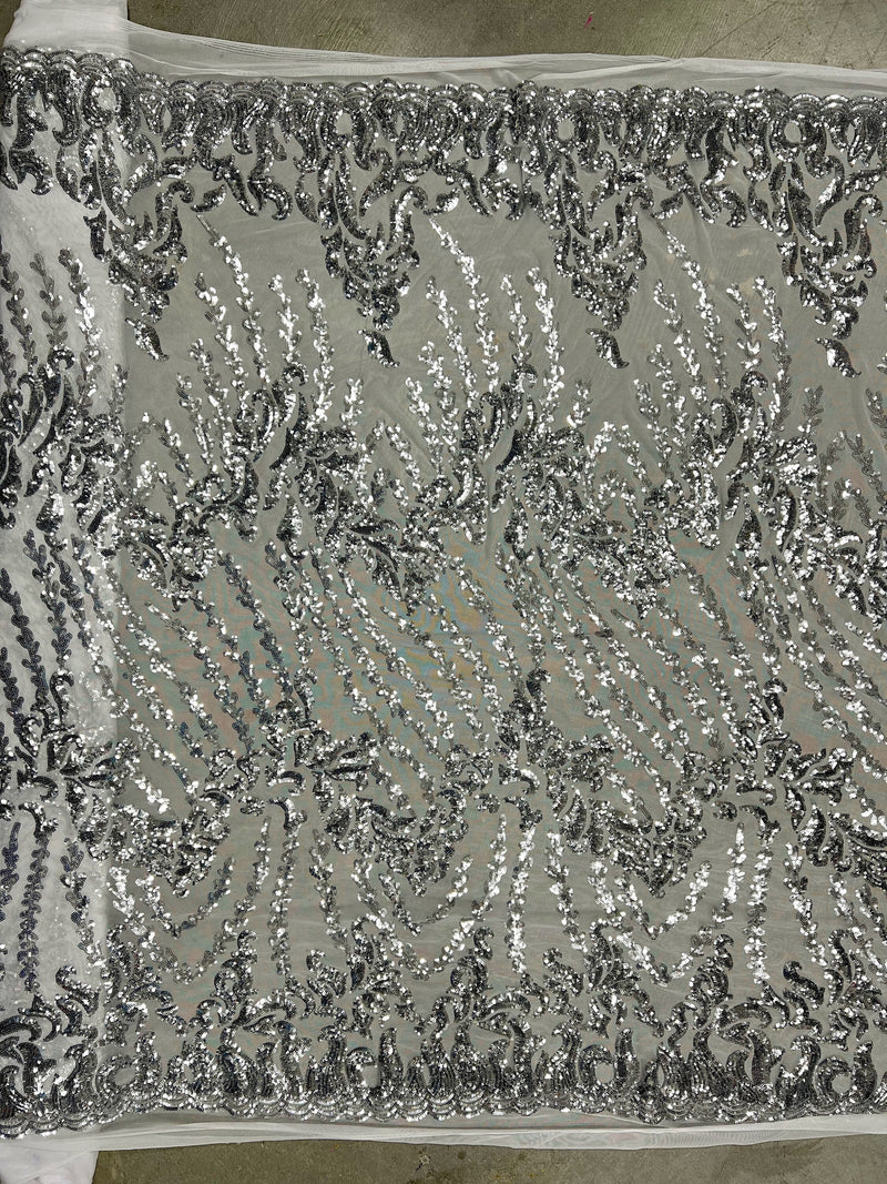 Miranda SILVER Vines and Leaves Sequins on WHITE Mesh Lace Fabric by the Yard - 10061