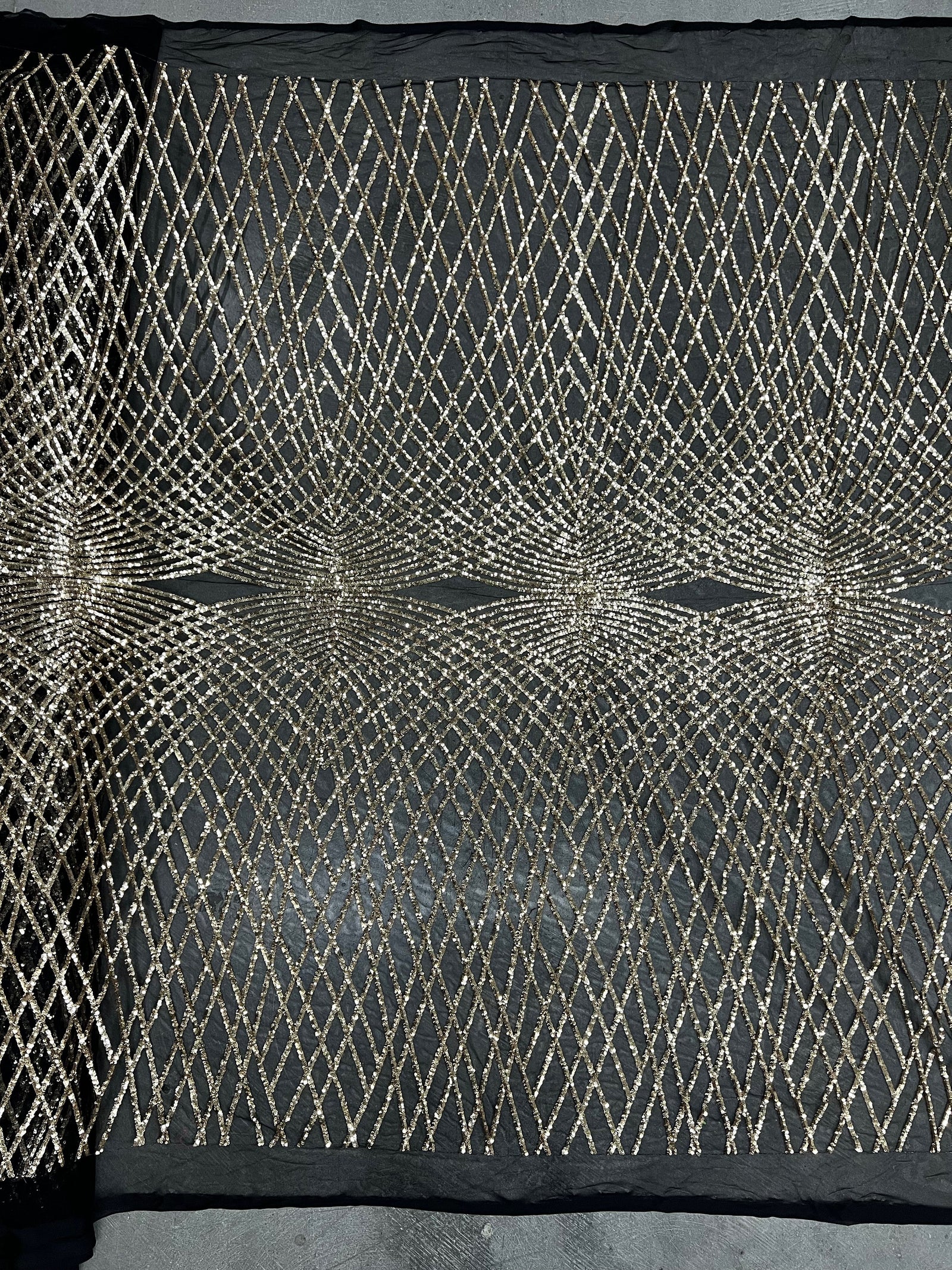 Jordyn GOLD Diamond Sequins on BLACK Mesh Lace Fabric by the Yard - 10008